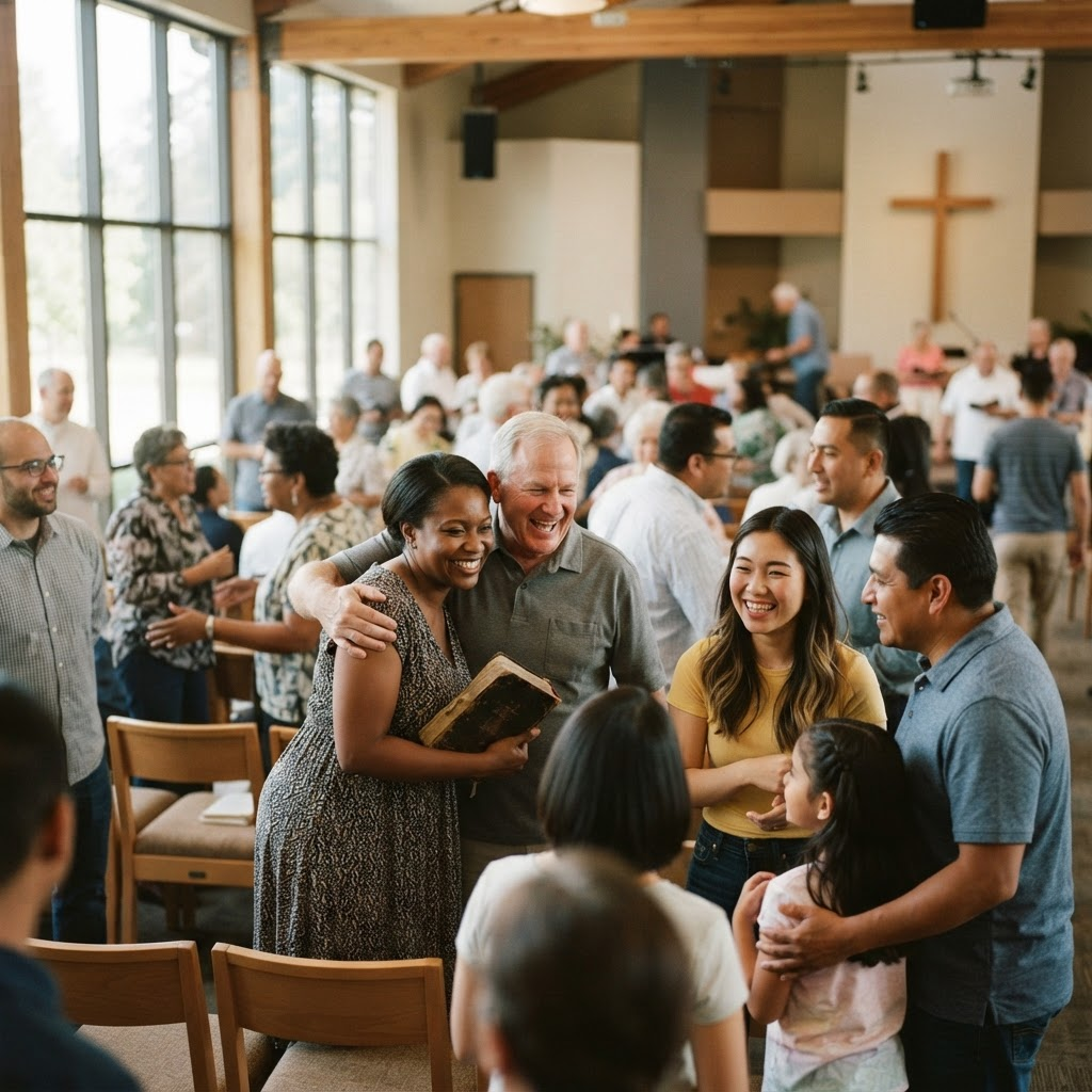 A welcoming church congregation gathered together