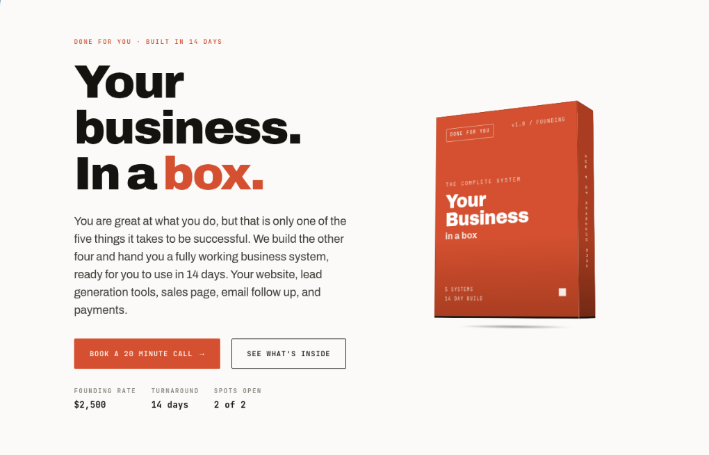 Your Business In A Box website homepage