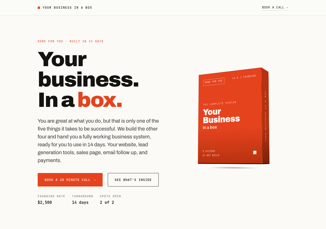 Your Business In A Box website homepage